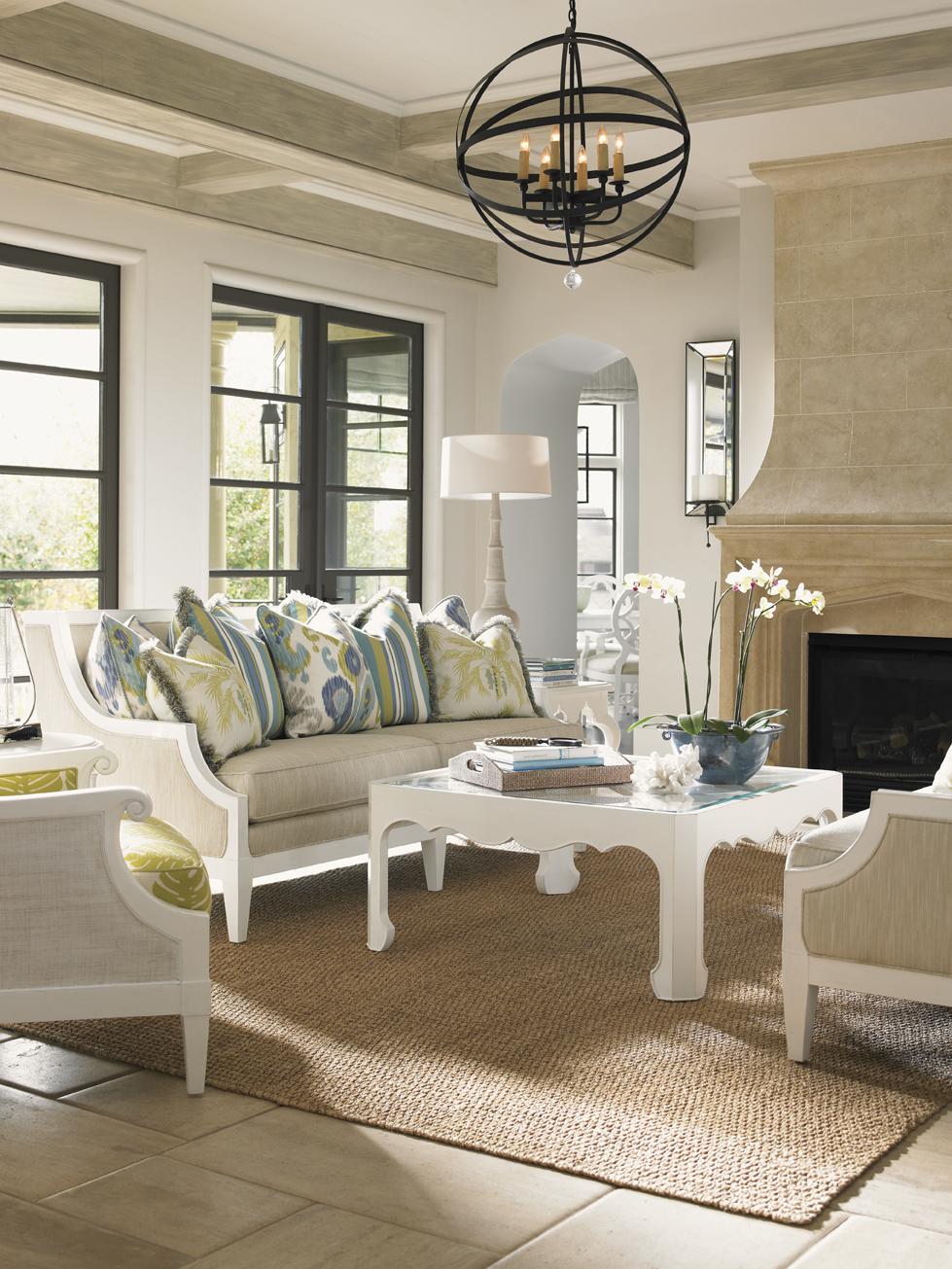 Tommy Bahama Home Ivory Key 543947 Cassava Cocktail Table with Glass Insert and Quatrefoil